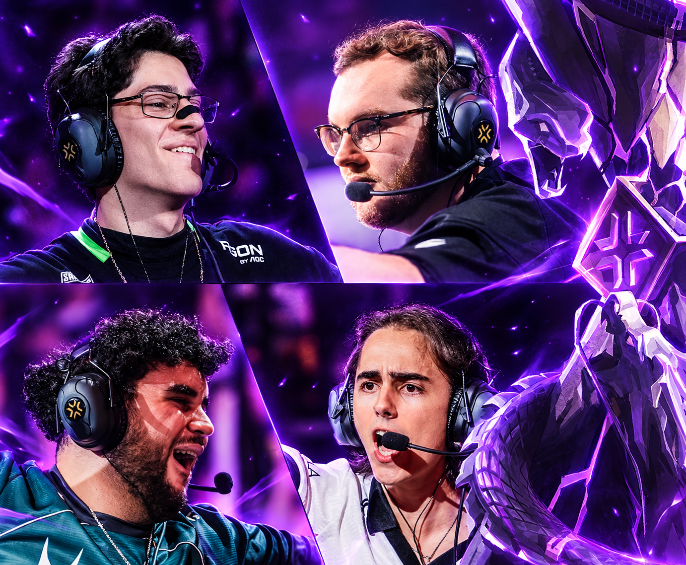 Colagem de jogadores profissionais de Valorant com headsets ao lado do troféu do VCT